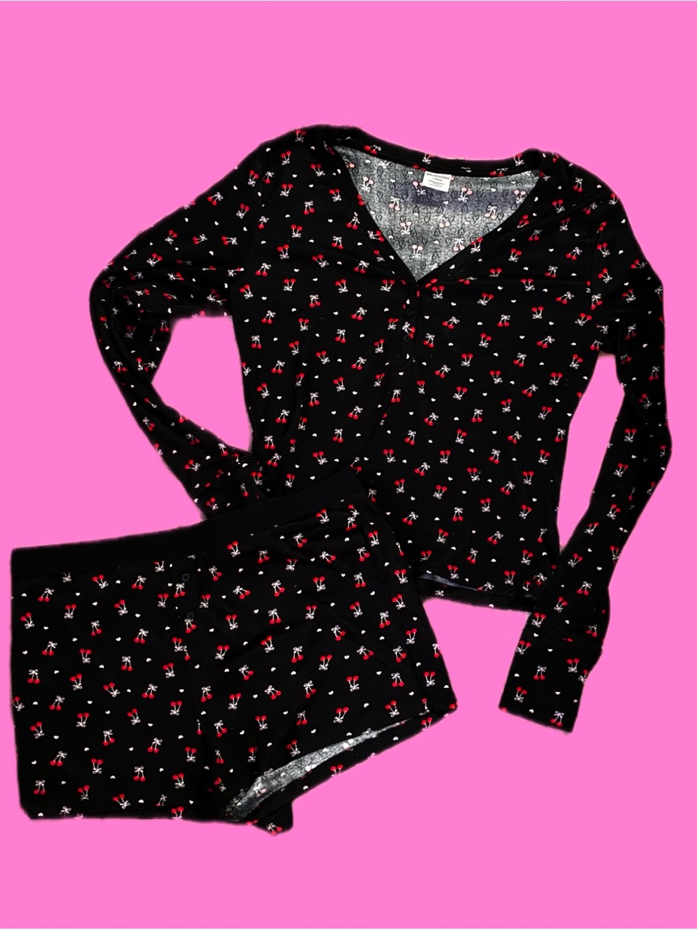 No Boundaries Black Cherry-Print Long Sleeve Pajama Set
